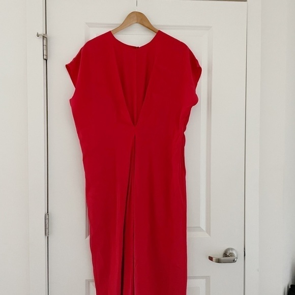 Lewit Center Pleat Cap-Sleeve Georgette Silk Shift Dress - Picture 3 of 8